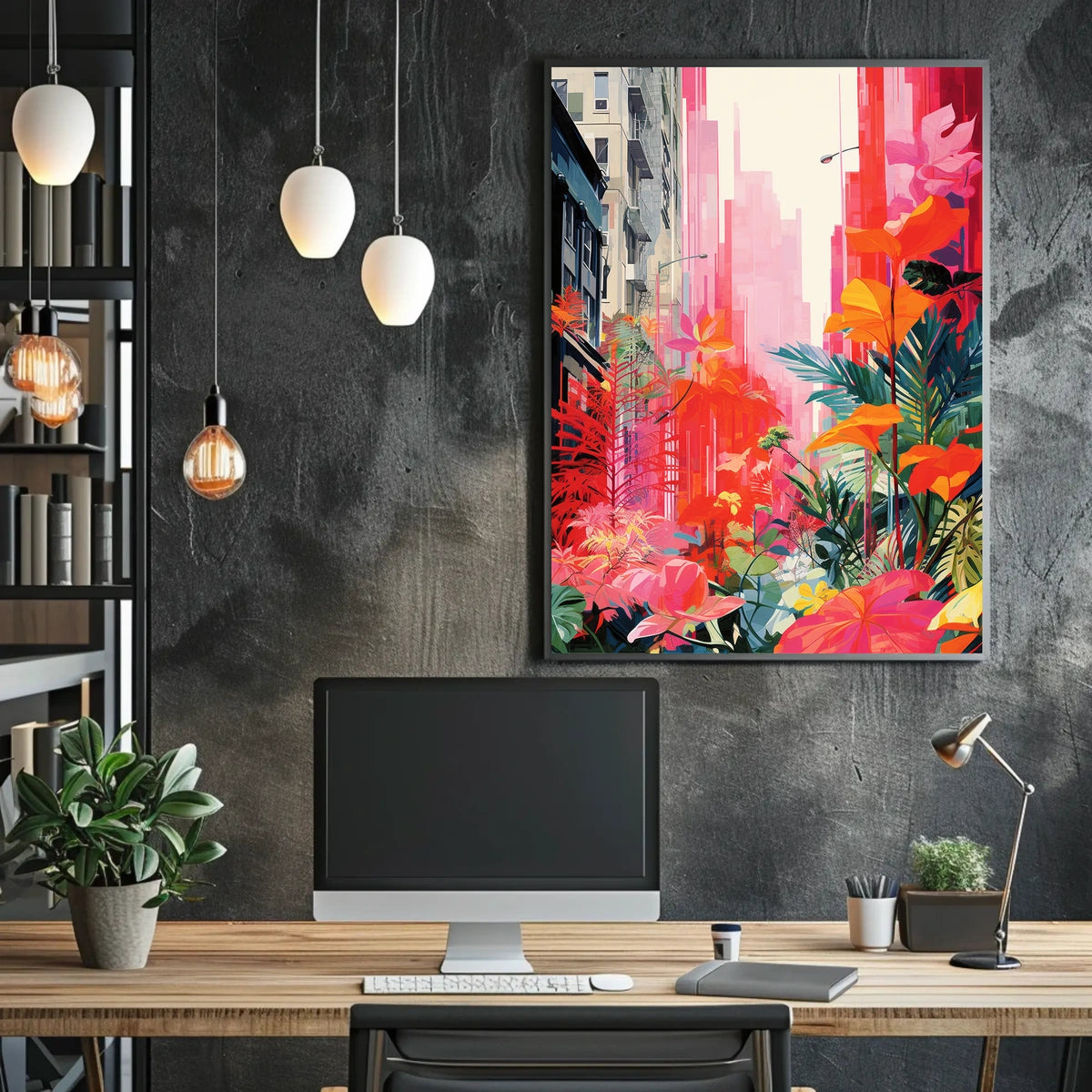 Urban Nature Fusion: Vibrant Cityscape Meets Botanical Wonderland Poster