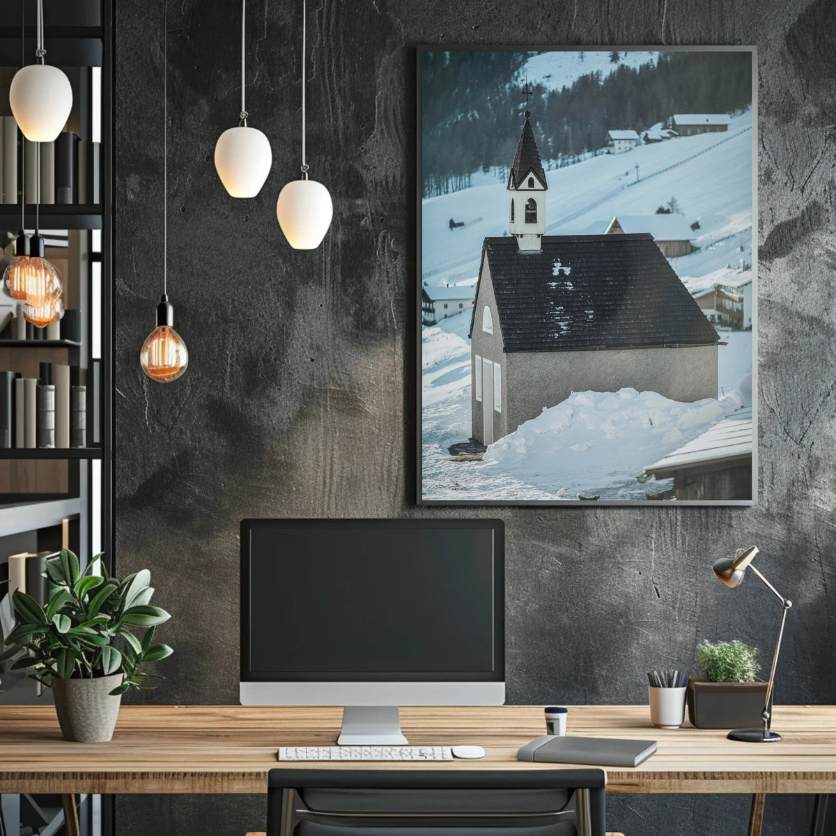 Winter Chapel in the Mountains Poster