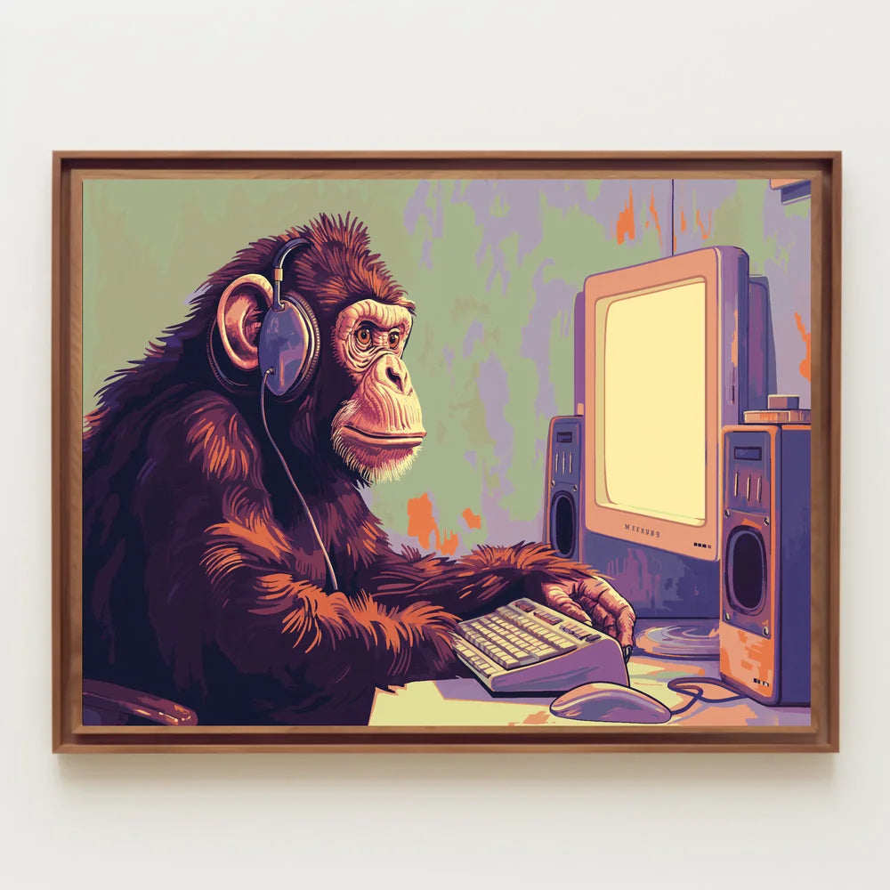 Chimpanzee with Headphones Retro Computer Poster