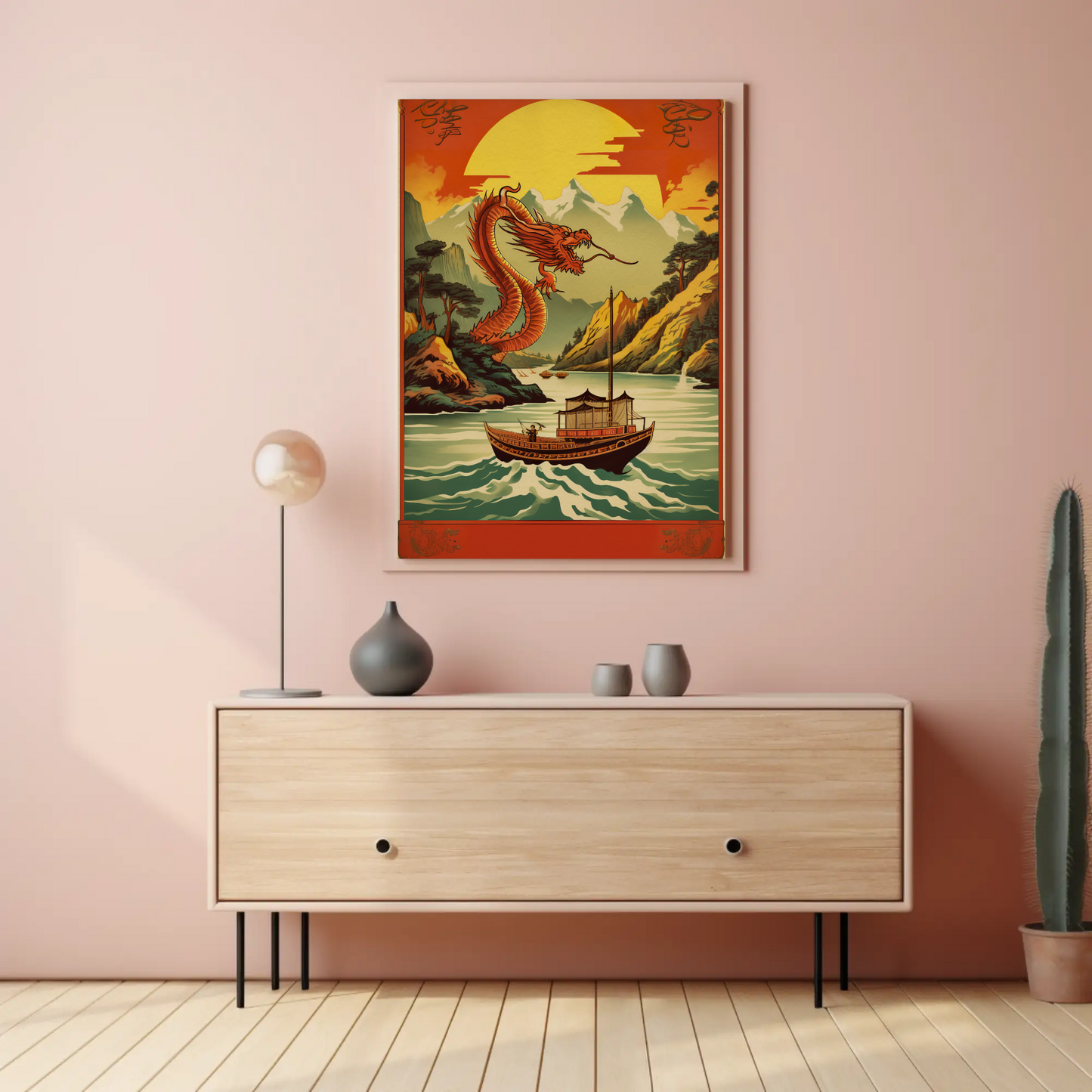 China Dragon River Boat Mountain Sunset Travel Poster