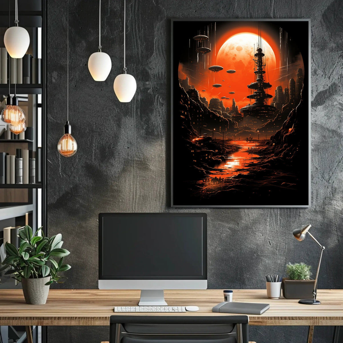 Futuristic Cityscape Under a Red Moon Poster