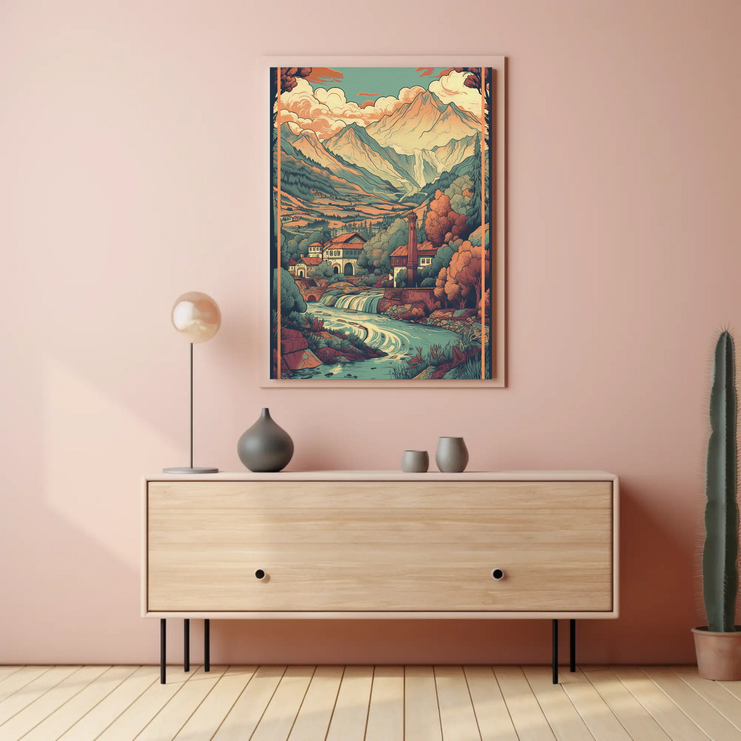 Alpine Village Waterfall And Peaks Travel Poster
