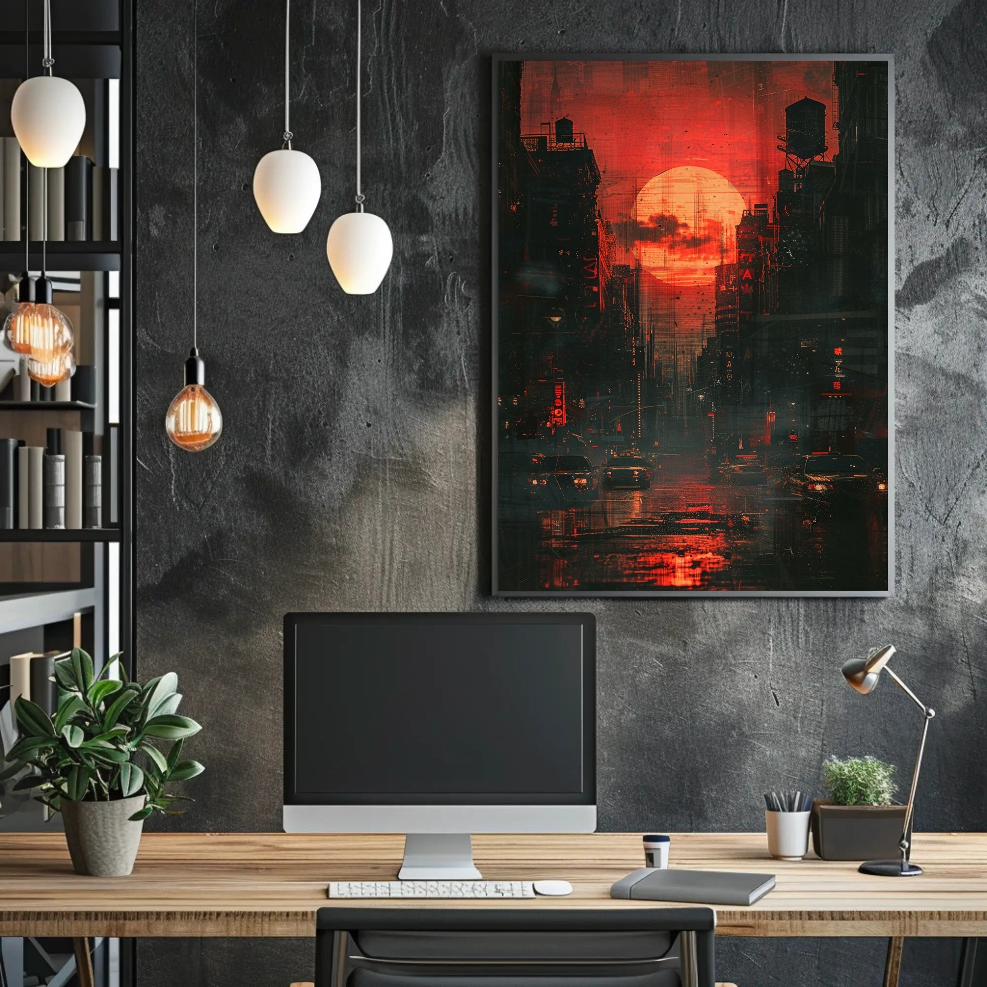 Striking Urban Dusk Cityscape with Cyberpunk Vibes Poster PosterGoat