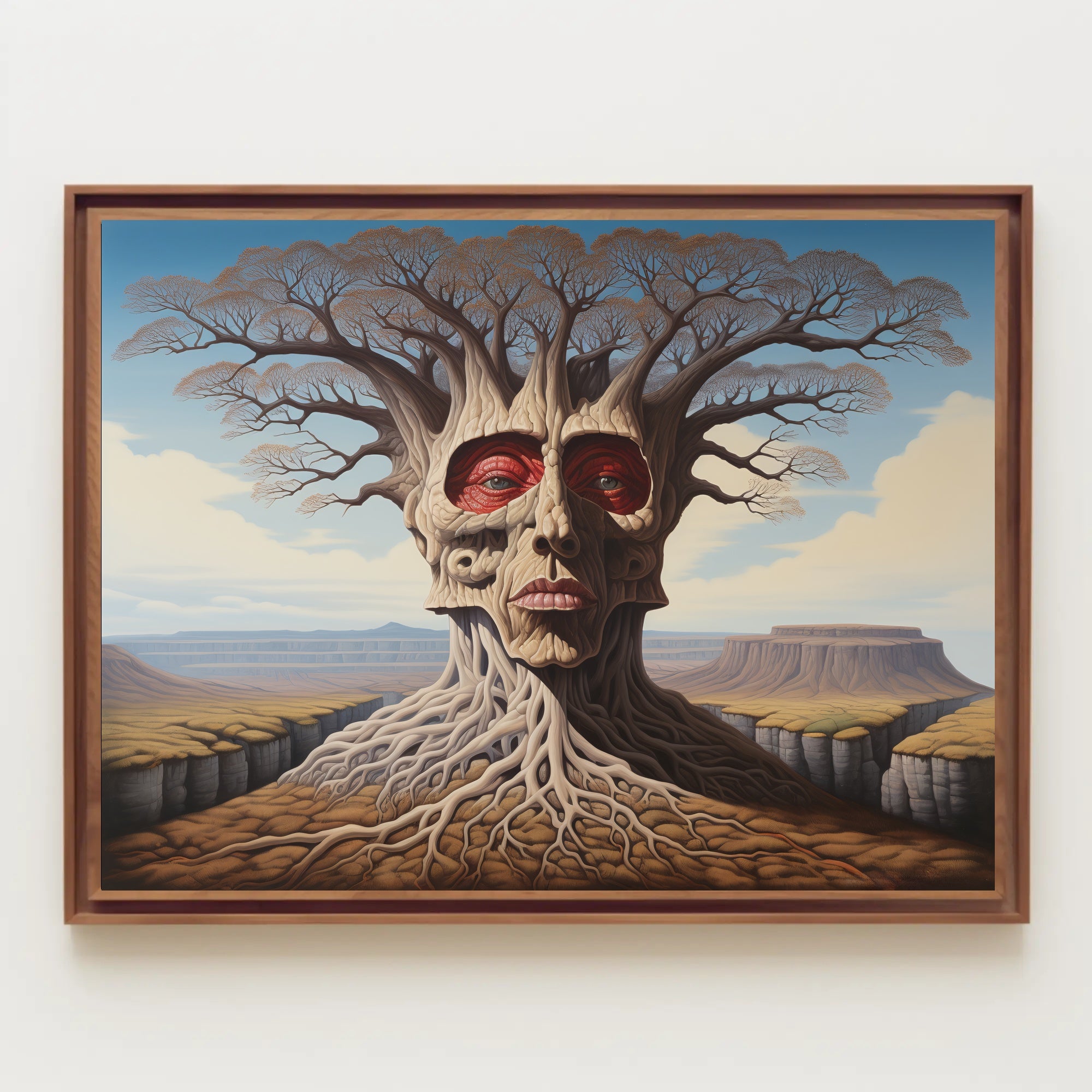 Surreal Tree Face in a Mystical Desert: Artistic Poster