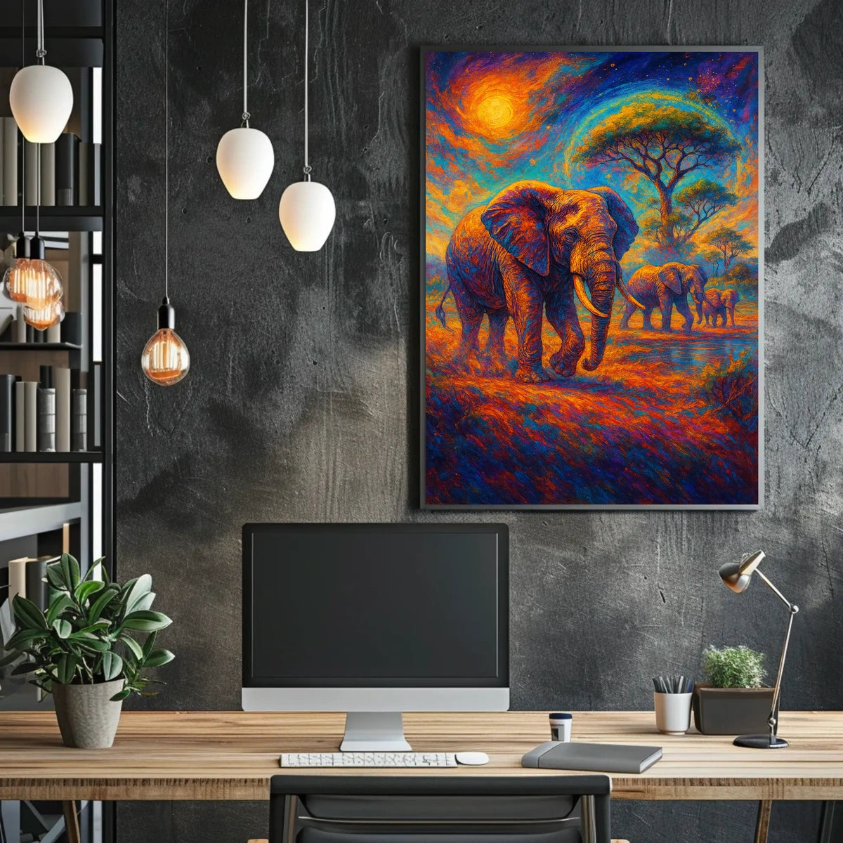 Majestic Elephants Safari Art Poster: Vibrant Landscape