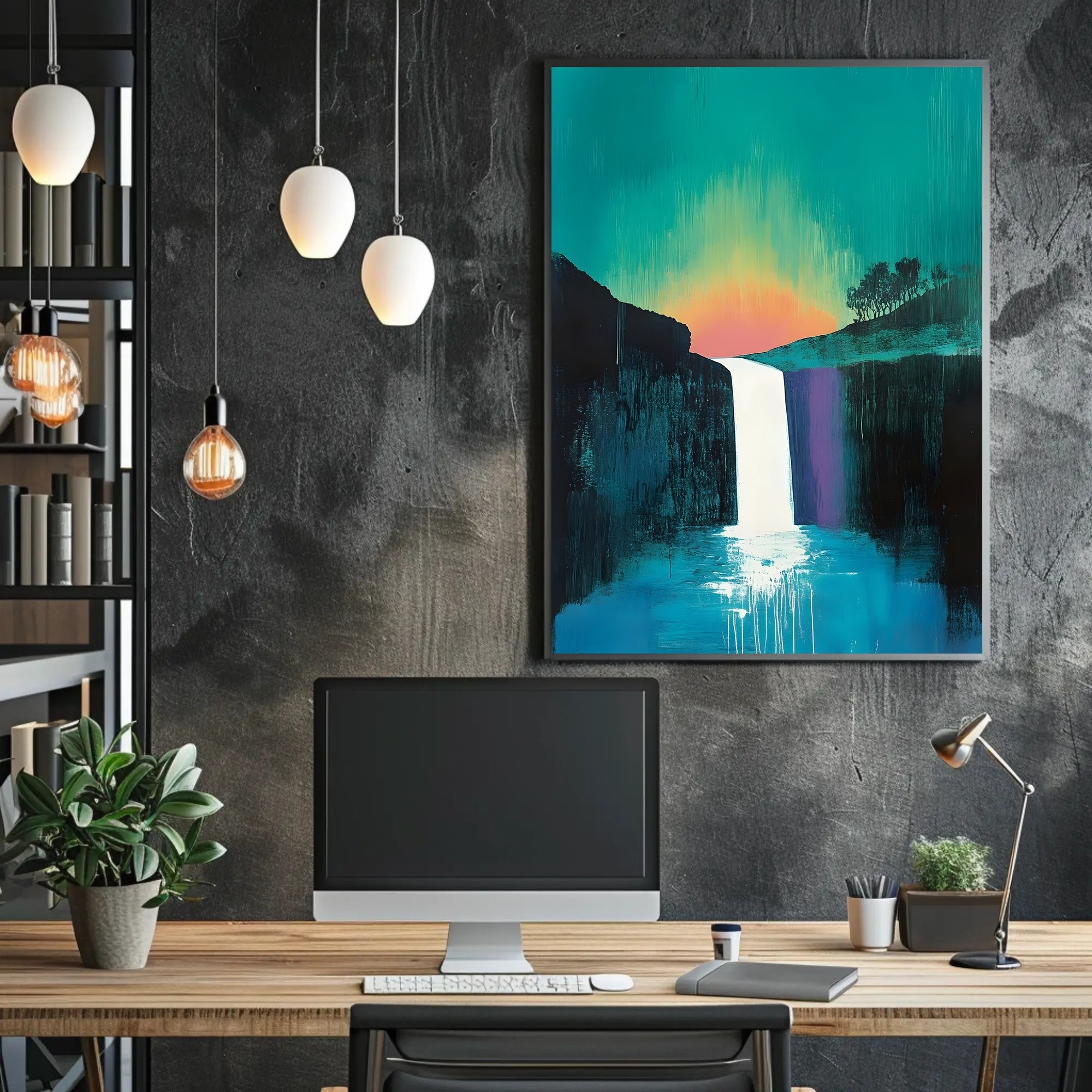 Abstract Waterfall Sunset Poster Modern Wall Art