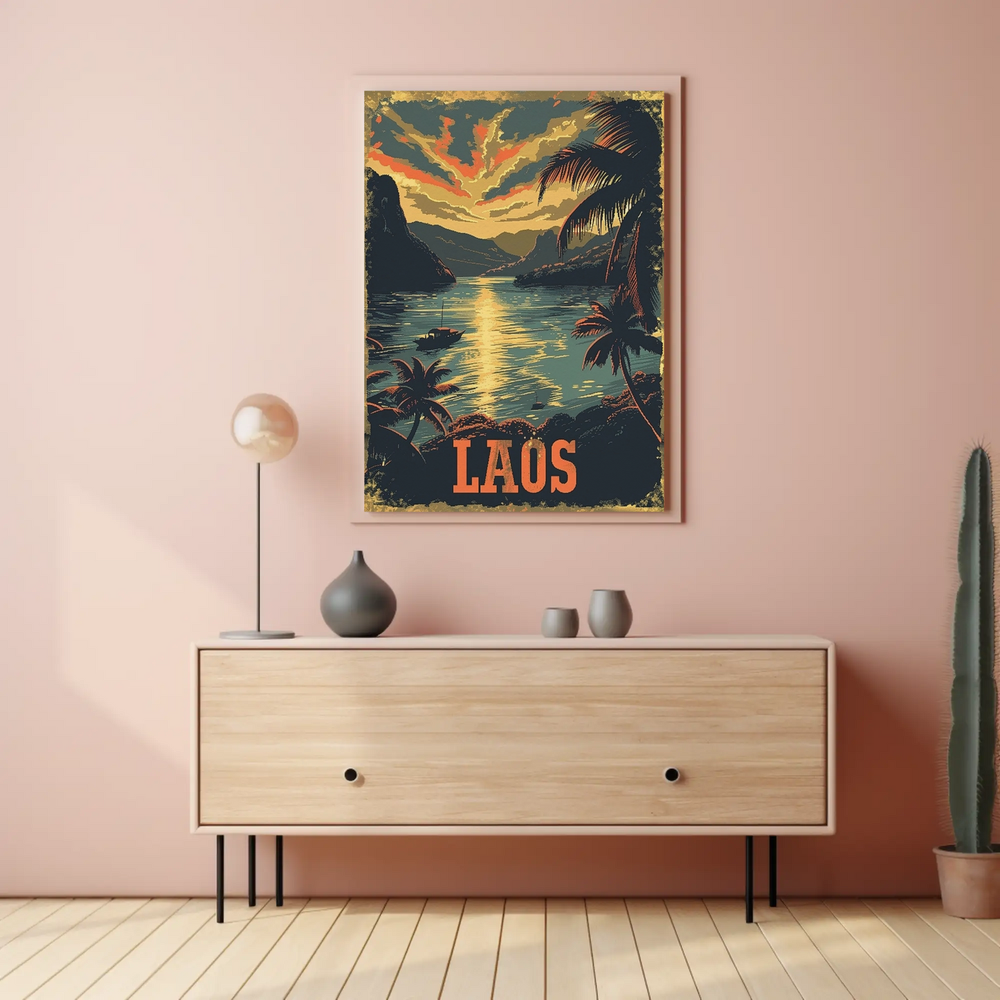 Laos River Sunset Palm Trees Landscape Travel Poster