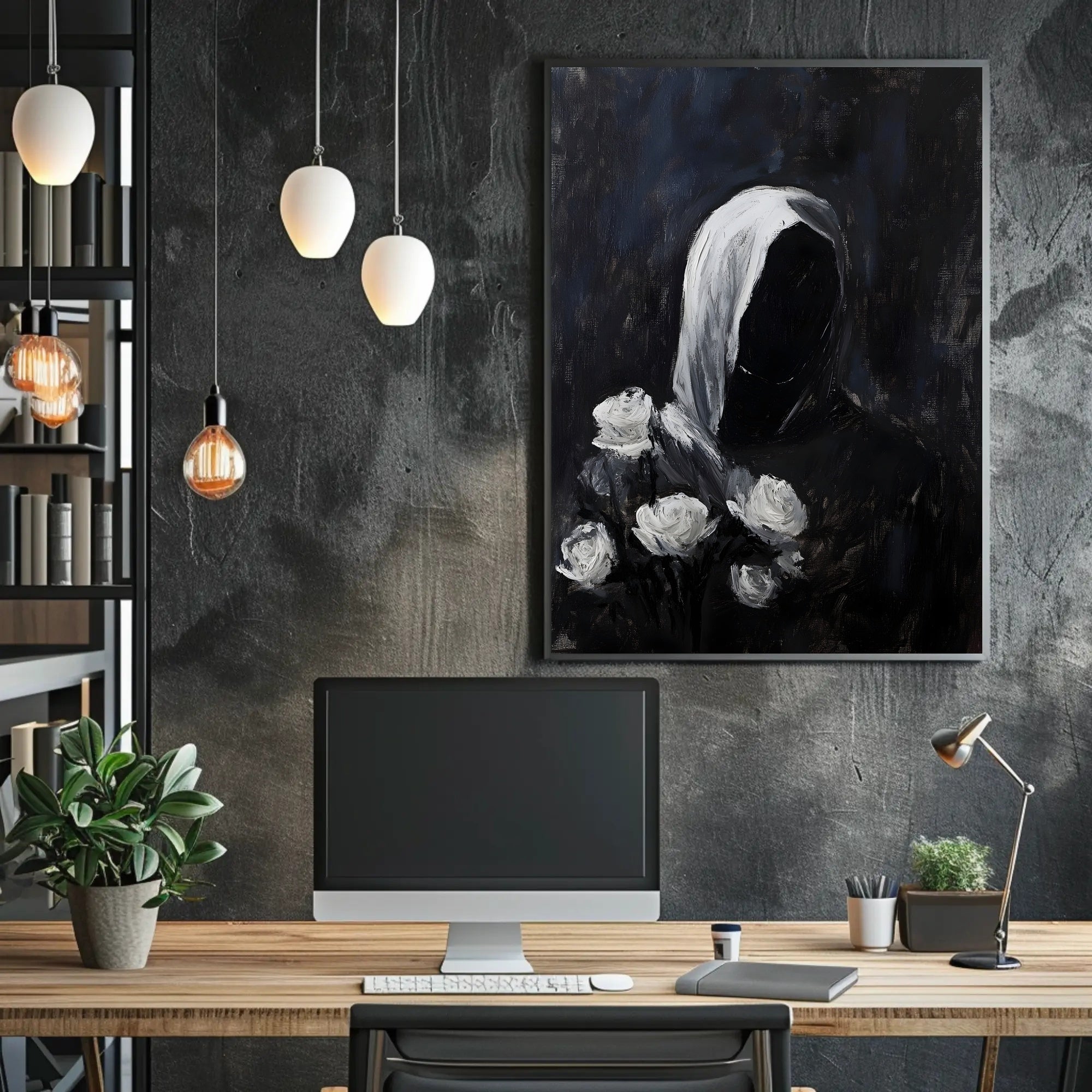 Cloaked Figure with Roses Abstract Artistic Poster PosterGoat