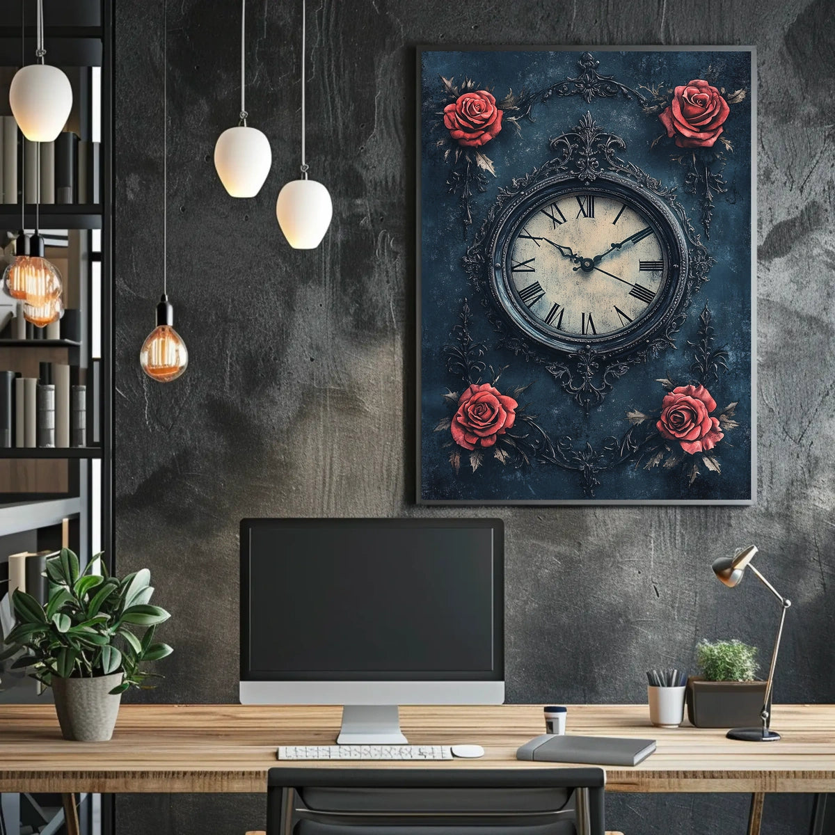 Ornate Vintage Clock and Roses Wall Art Artistic Poster