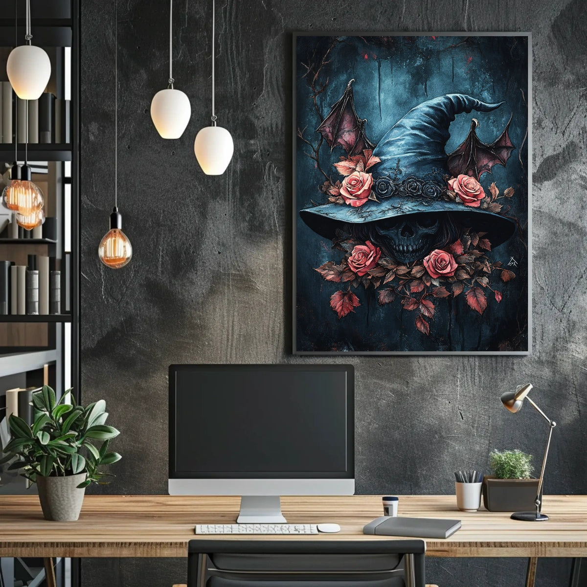 Mystical Skull and Roses Witch Hat Artistic Poster
