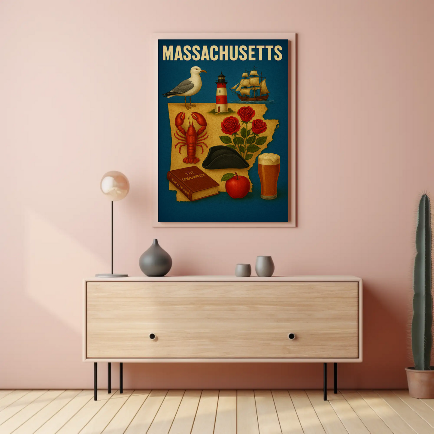 Massachusetts Symbols Map Lobster Ship Hat Poster
