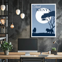 Kenya Silhouette Travel Print with Majestic Lions and Moonlight