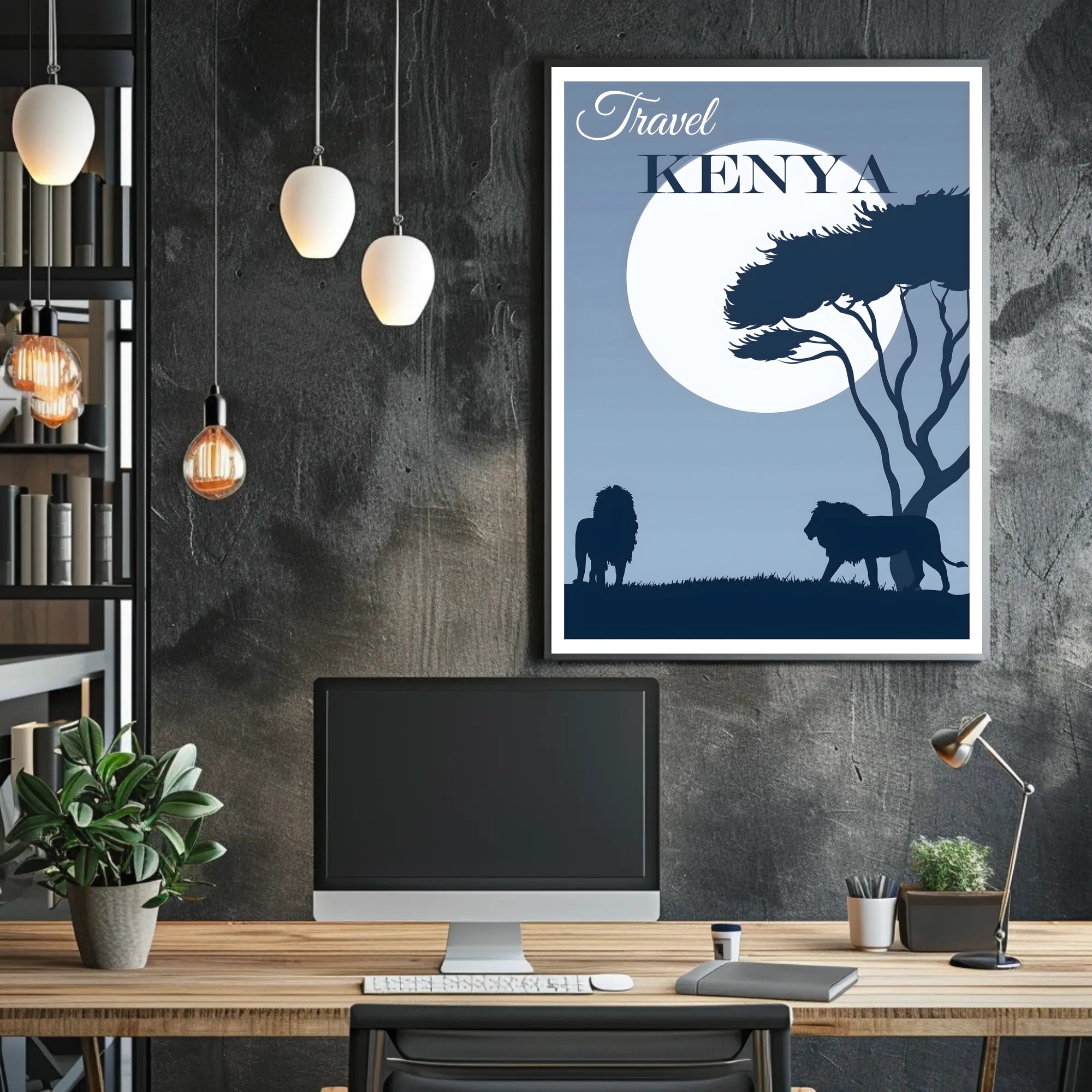 Kenya Silhouette Travel Print with Majestic Lions and Moonlight