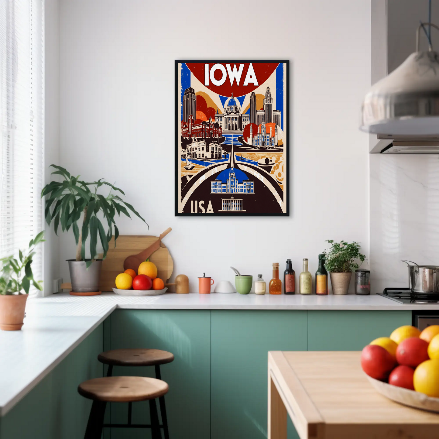 Iowa USA Civic Dome And Skyline Vintage Maroon Travel Poster