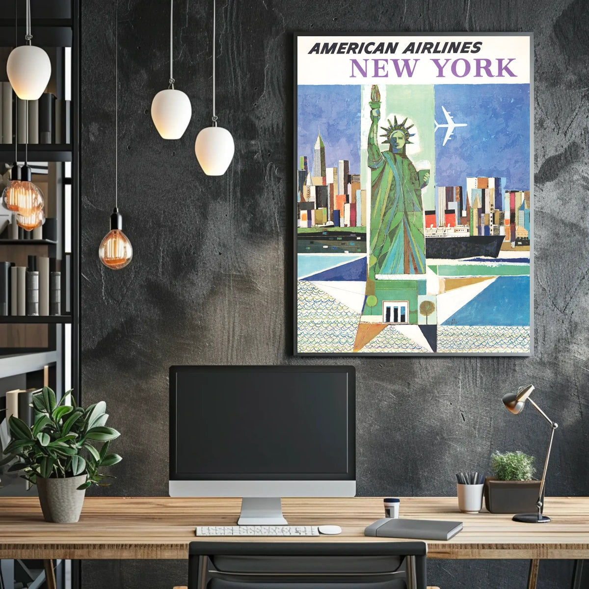 New York City Skyline Harbor Poster Vintage Wall Art