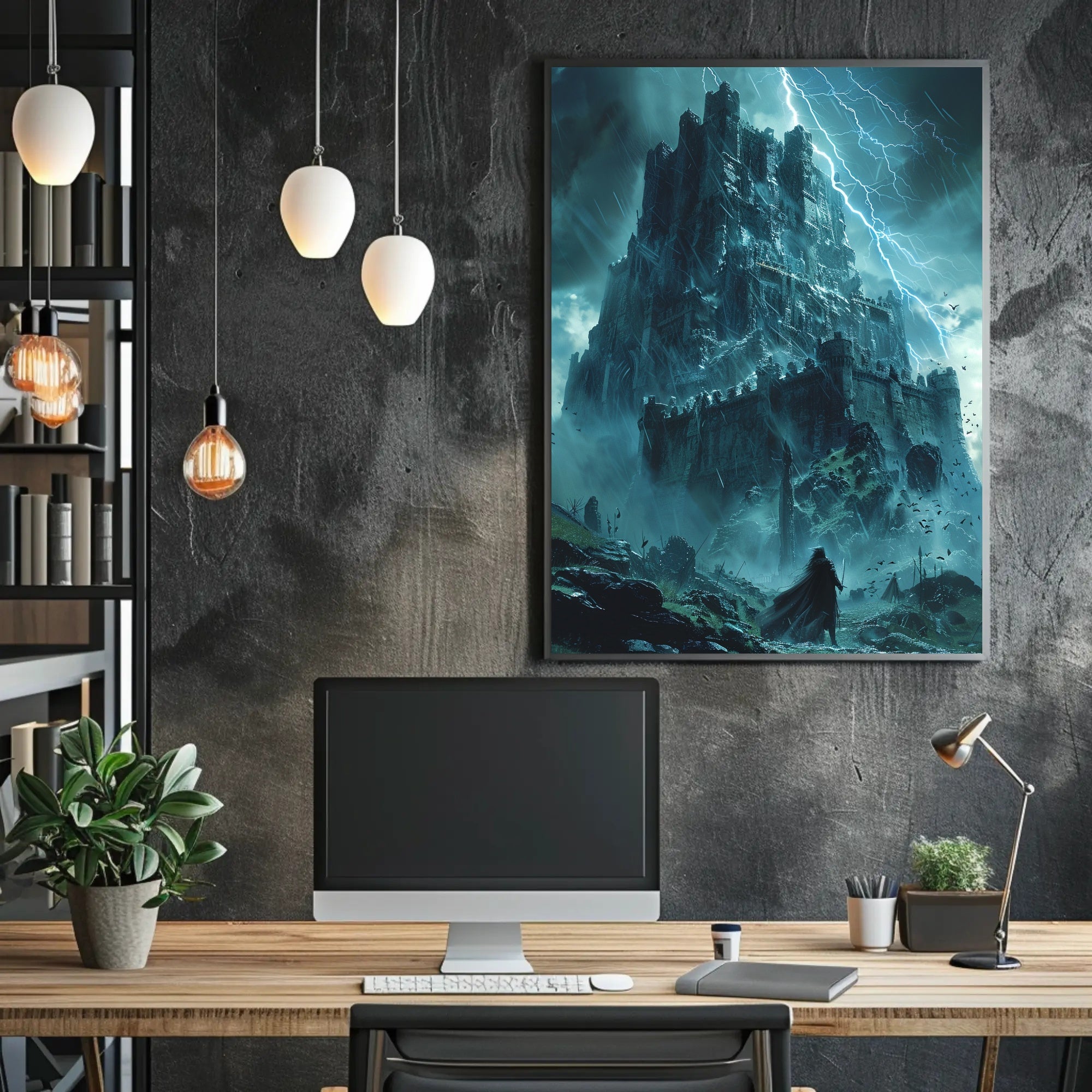 Ominous Fortress under Stormy Skies: Fantasy or Mythology Poster PosterGoat