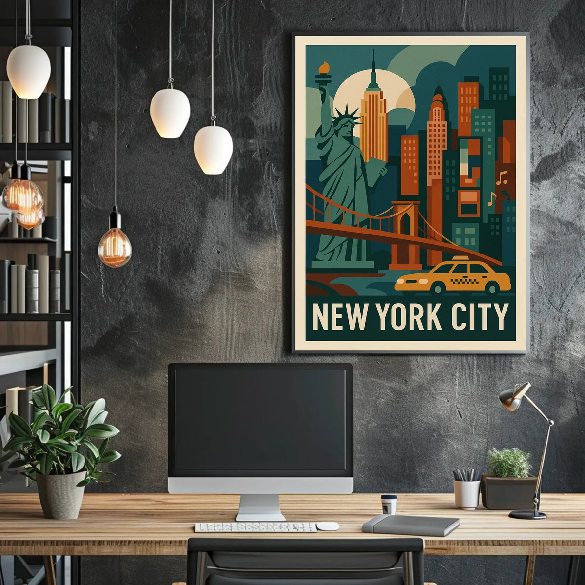 New York City Neon Skyline Cityscape Poster Retro Wall Art