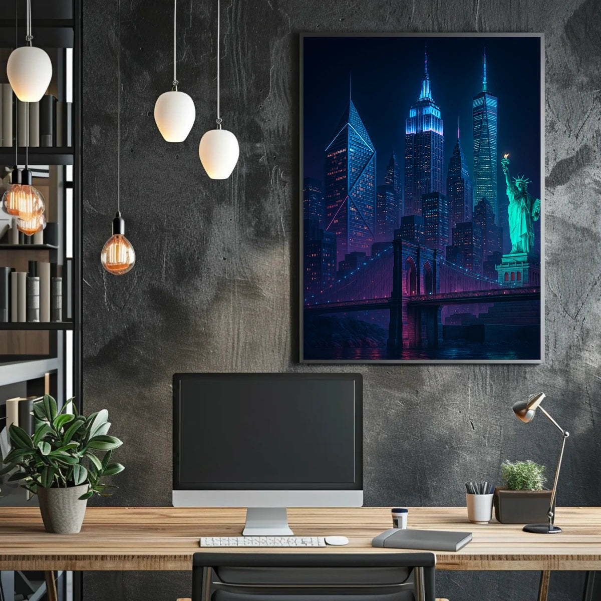 New York City Cyberpunk Skyline Poster Abstract Wall Art
