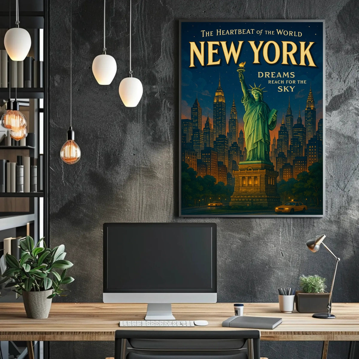 New York City Skyline Cityscape Poster Vintage Wall Art