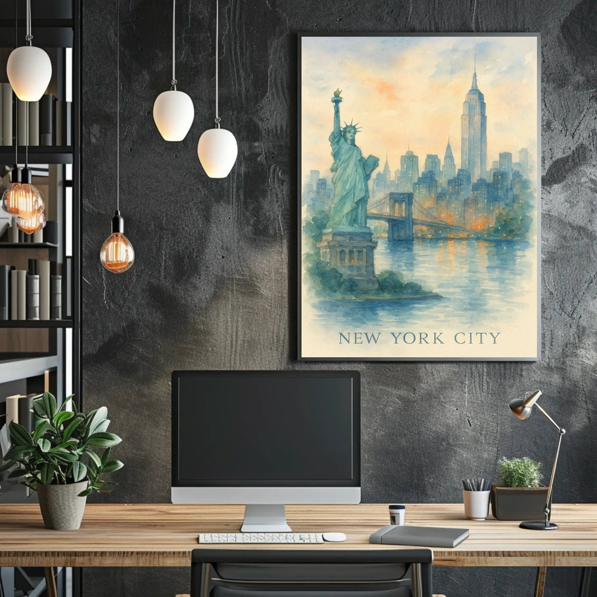 New York City Watercolor Landmarks Poster Classic Wall Art