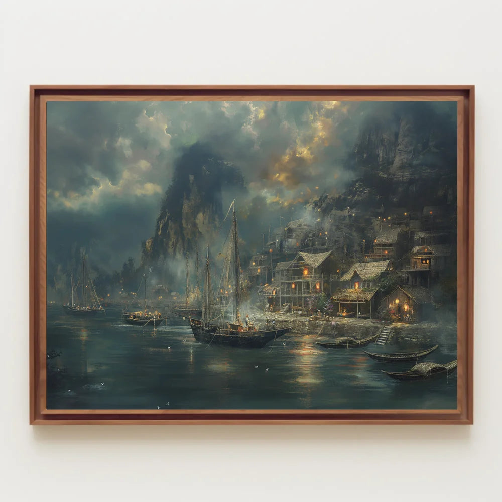 Harbor Scene: Nostalgic Maritime Fantasy Art Poster