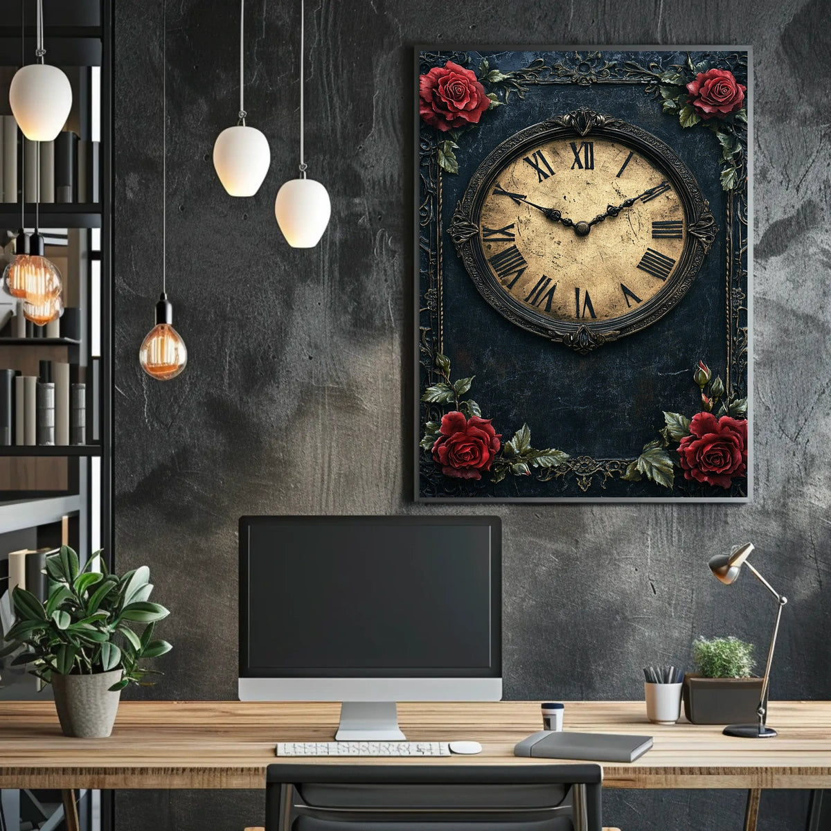 Vintage Clock and Roses Victorian Elegance Artistic Poster