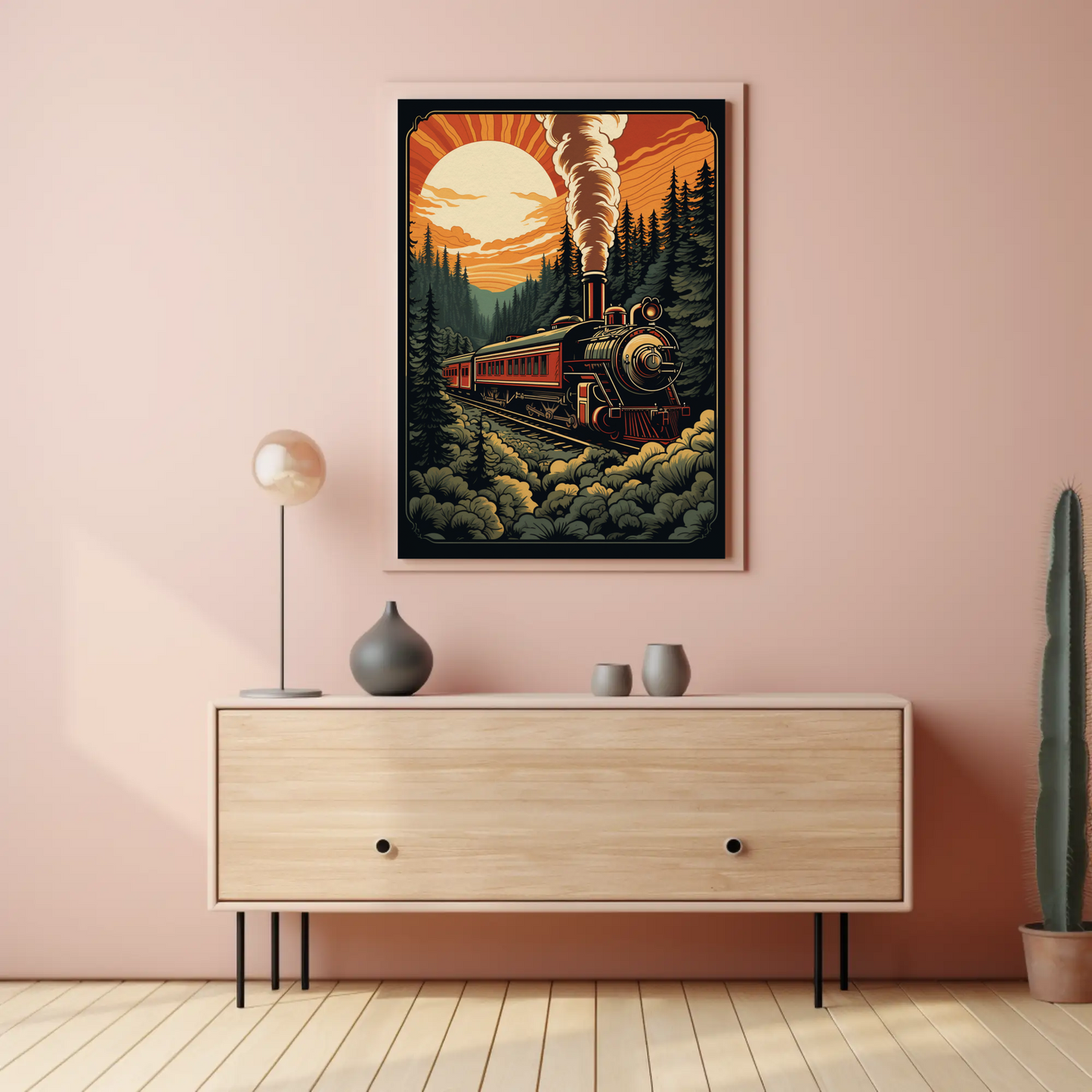 Vintage Steam Train Forest Railway Sunset Travel Poster