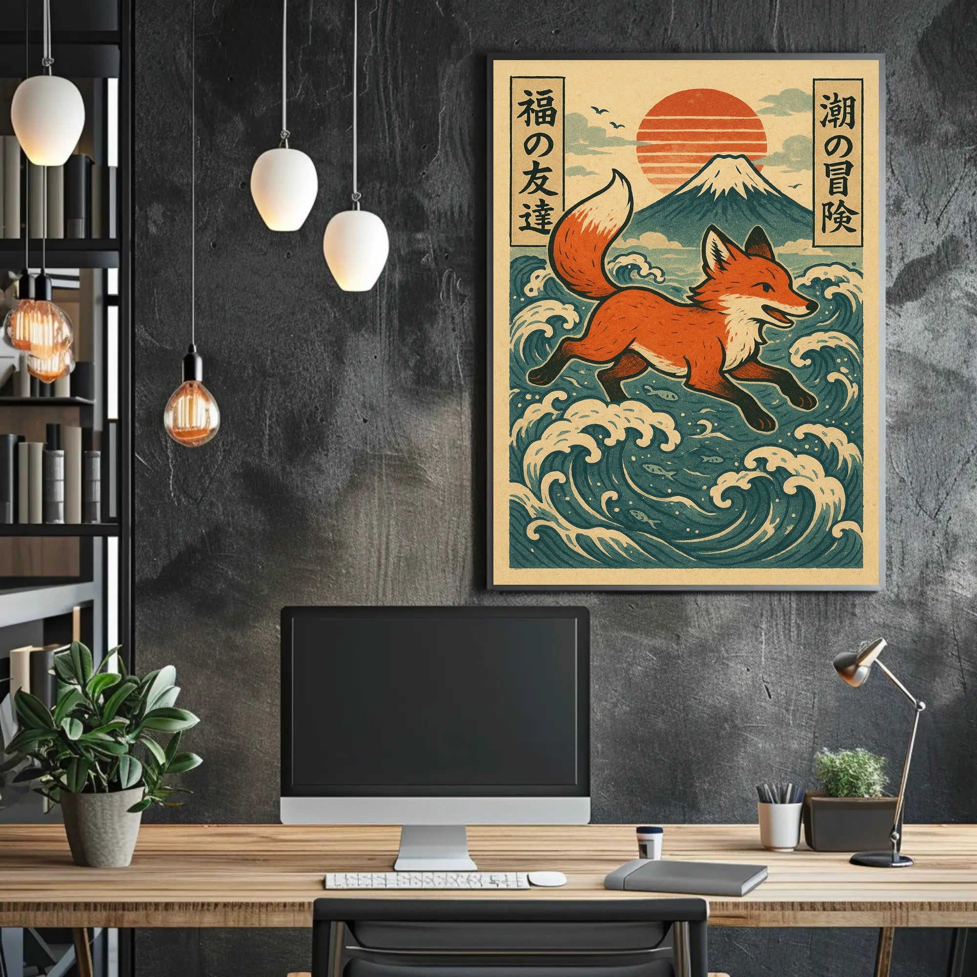 Fox Adventure in Japanese Waves Poster PosterGoat