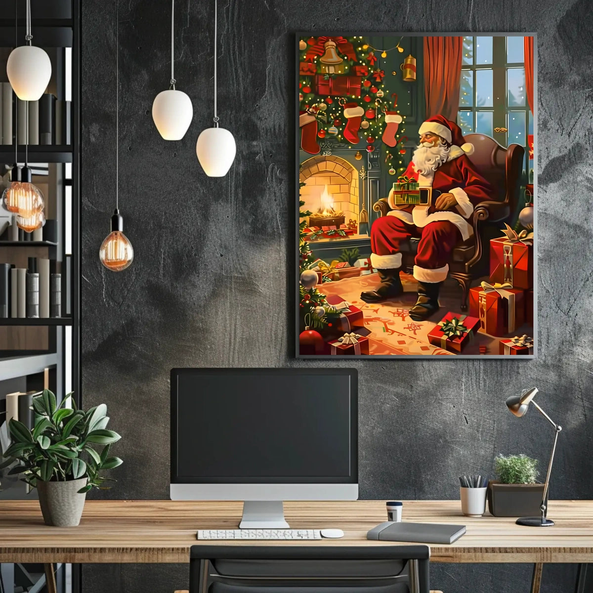 Santa Claus by the Fireplace Poster