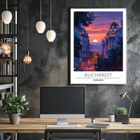 Bucharest Evening Street Scene at Sunset Travel Poster