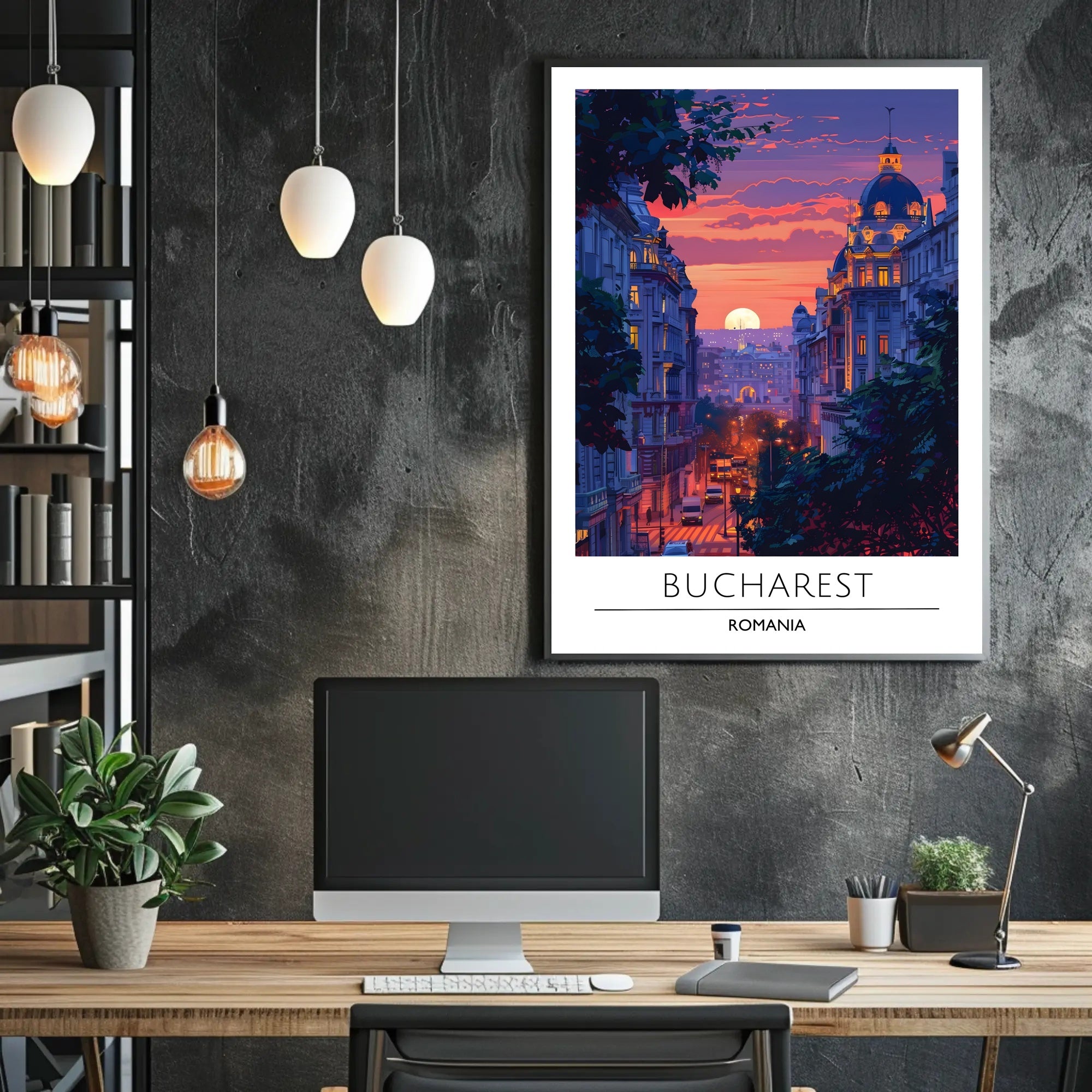 Bucharest Evening Street Scene at Sunset Travel Poster