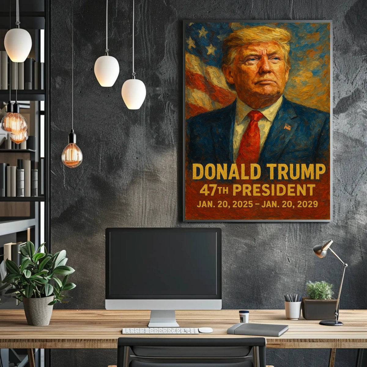 Donald Trump Leadership Portrait Expressionism Digital Painting American Flag Backdrop Poster