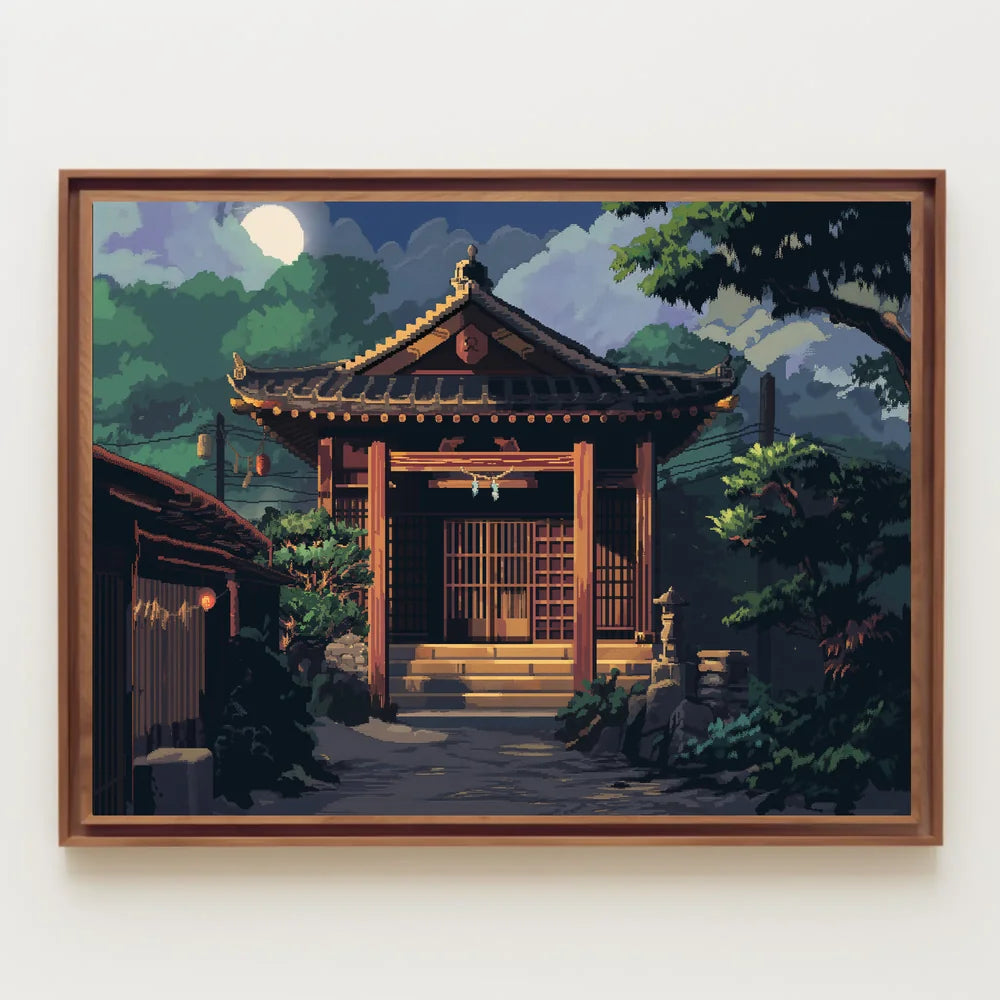 Moonlit Japanese Temple Pixel Art Poster