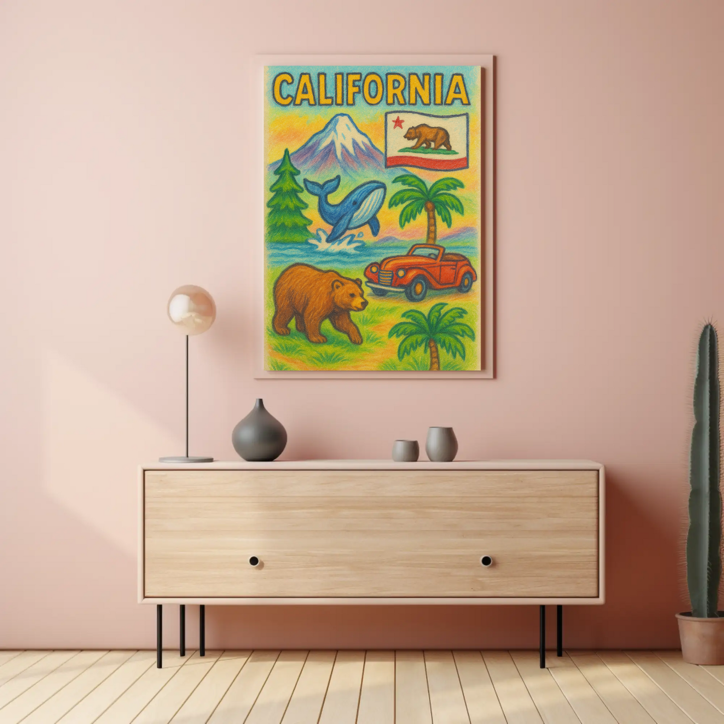 California Bear Whale Redwood Vintage Travel Poster