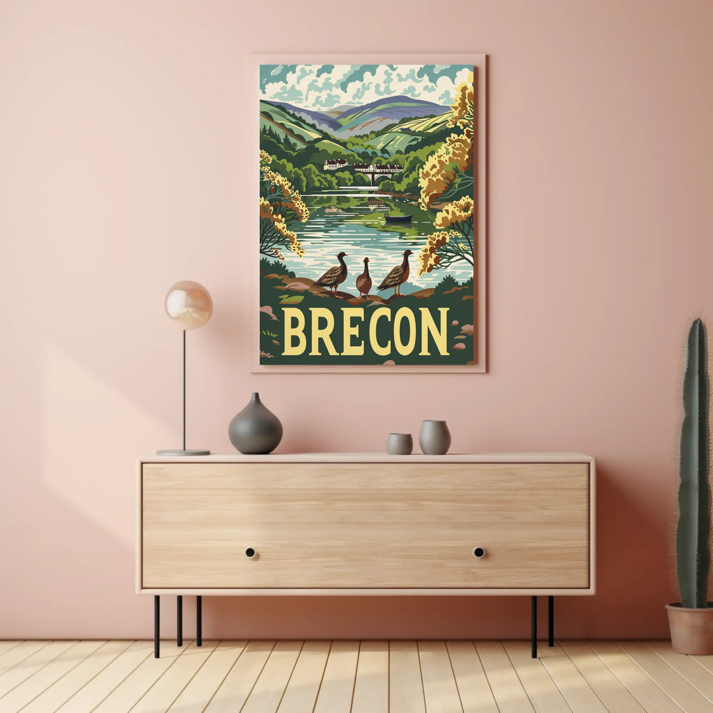 Brecon River Ducks Village Hillside Travel Poster