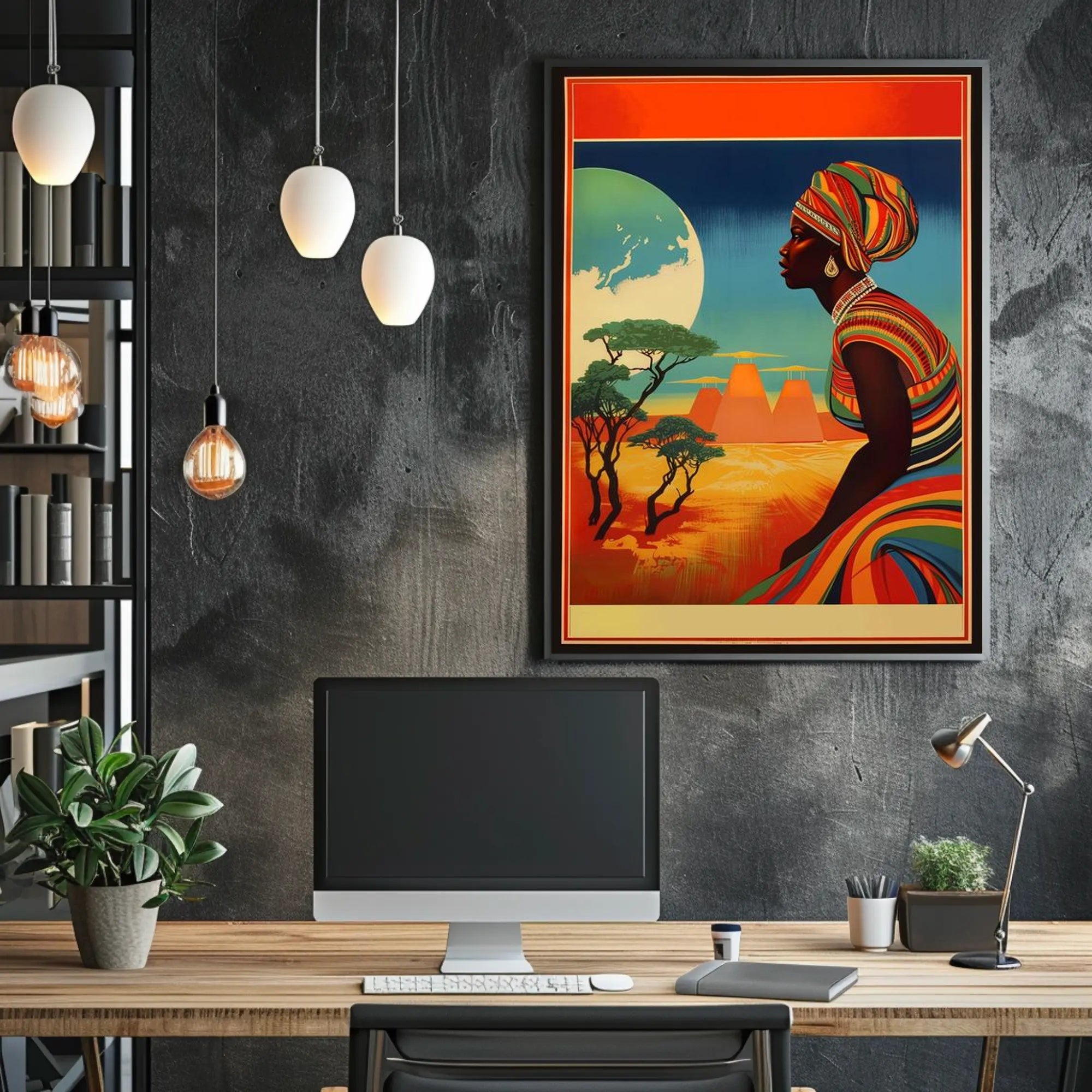 Radiant Earth: Woman in Traditional Attire with Moonlit Landscape Poster