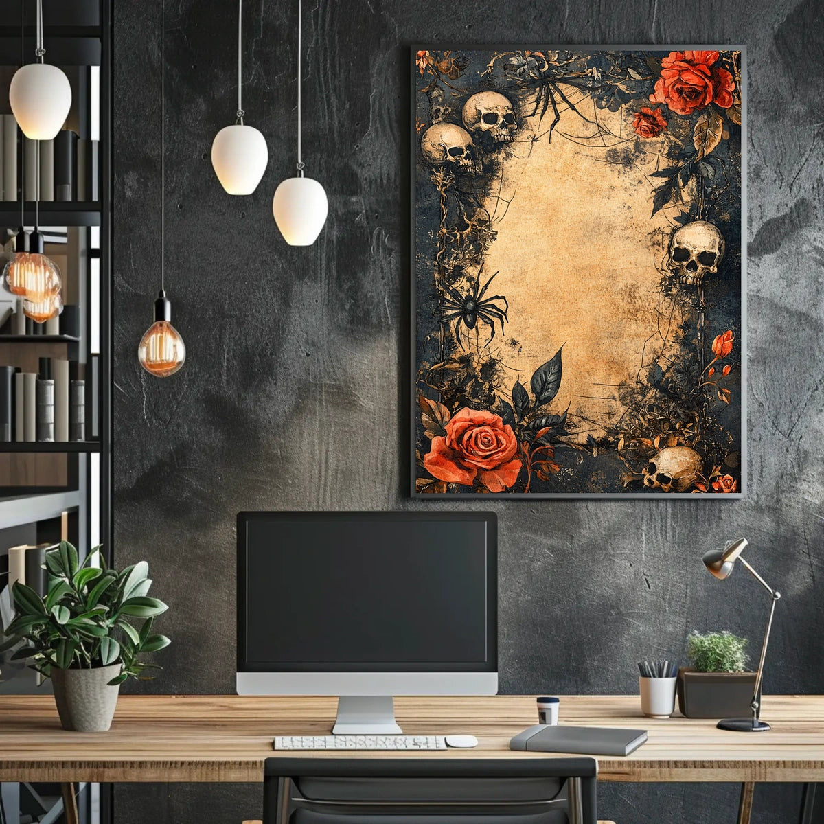 Macabre Roses and Skulls Gothic Artistic Theme Poster