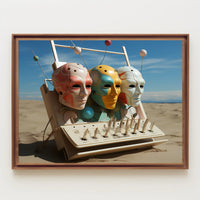 Futuristic Masks in Surreal Desert Sci-Fi Poster