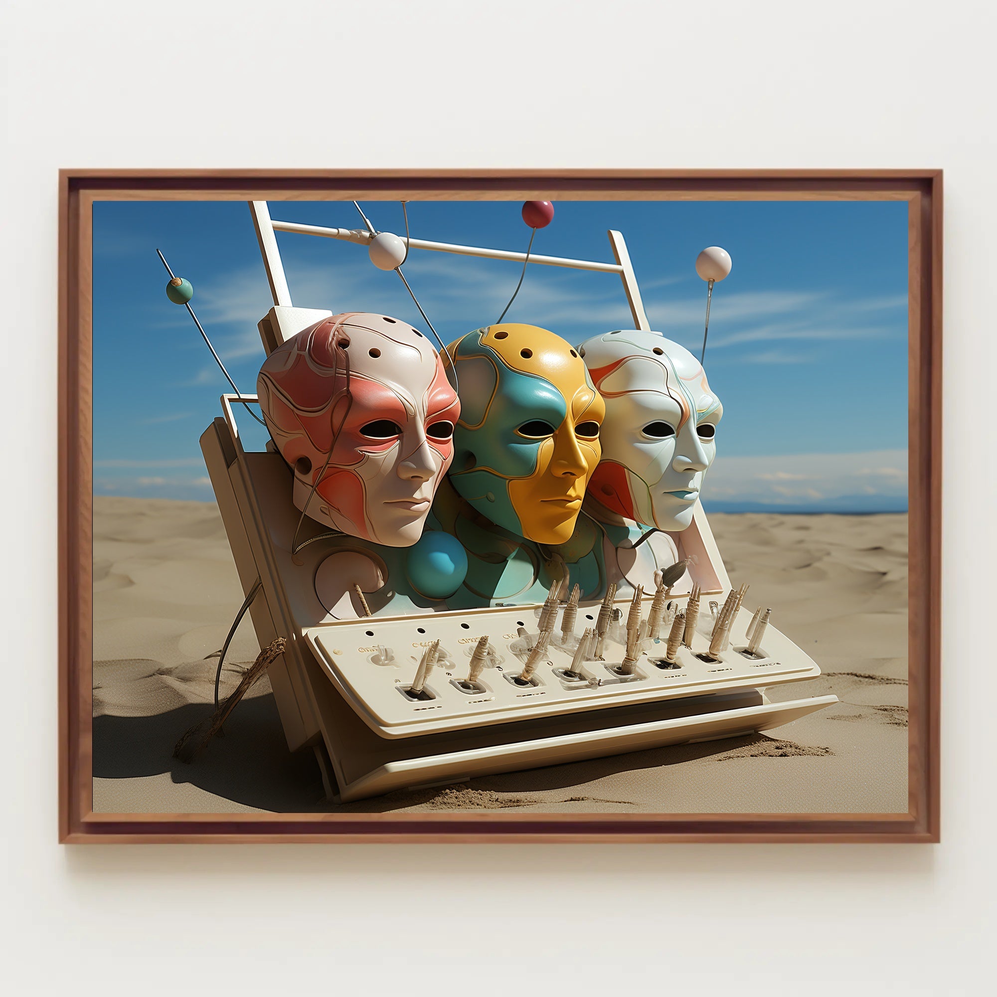 Futuristic Masks in Surreal Desert Sci-Fi Poster