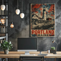 Timeless Portland Maine Lighthouse Coastal Vintage Travel Lithograph Scenic Collectors Nautical Architecture Poster