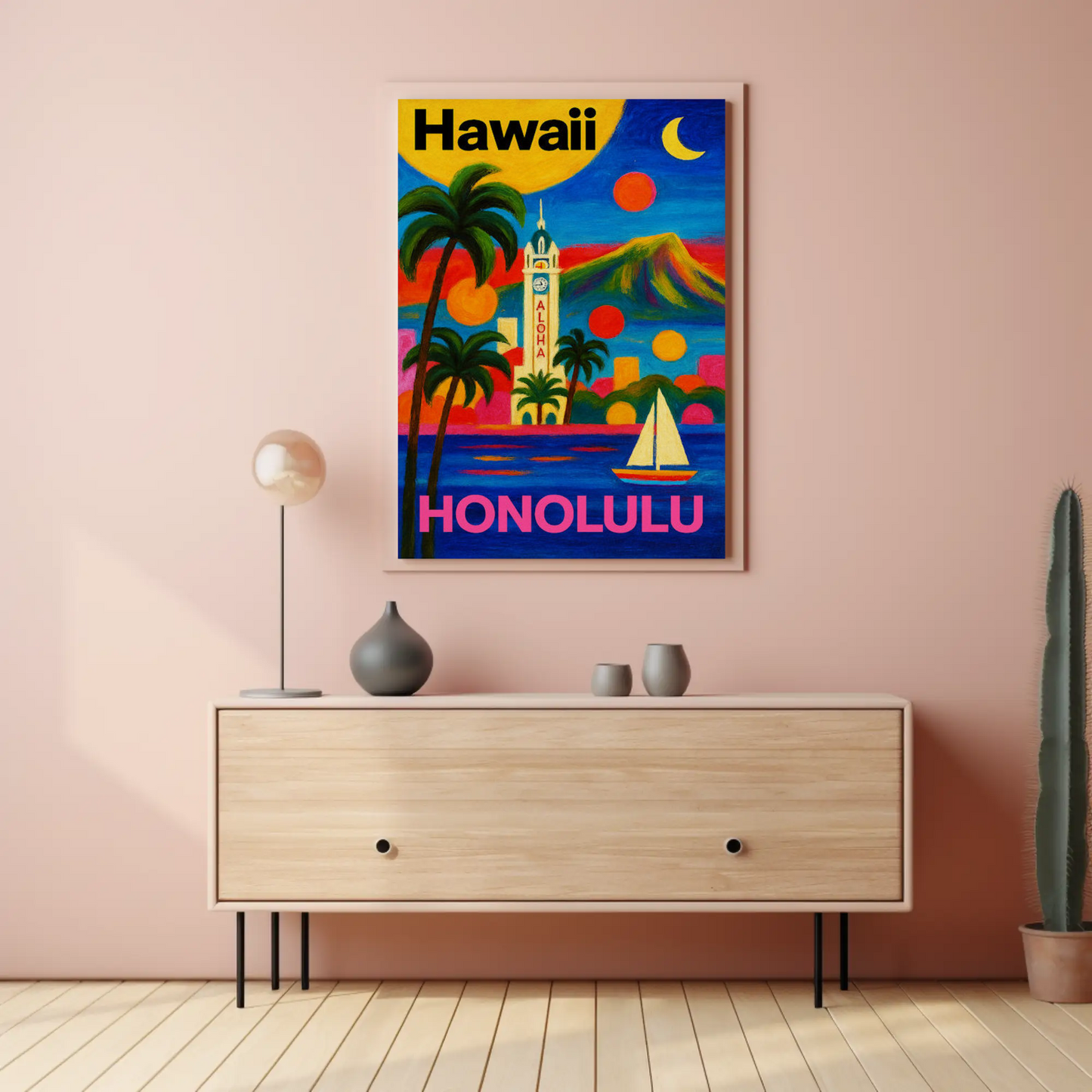 Honolulu Hawaii Tower View With Sunset Colors Travel Poster