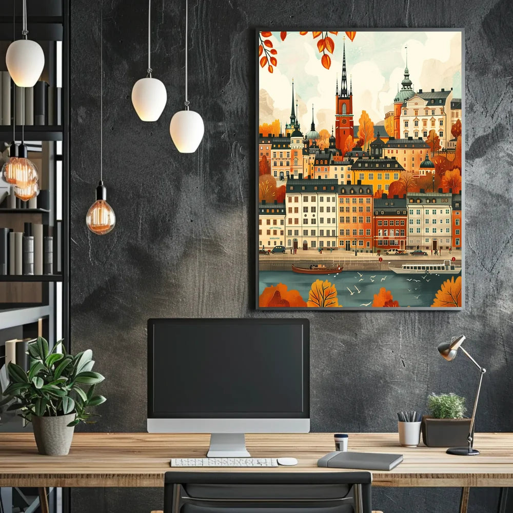 European Cityscape Poster: Stockholm Autumn Waterfront Scene