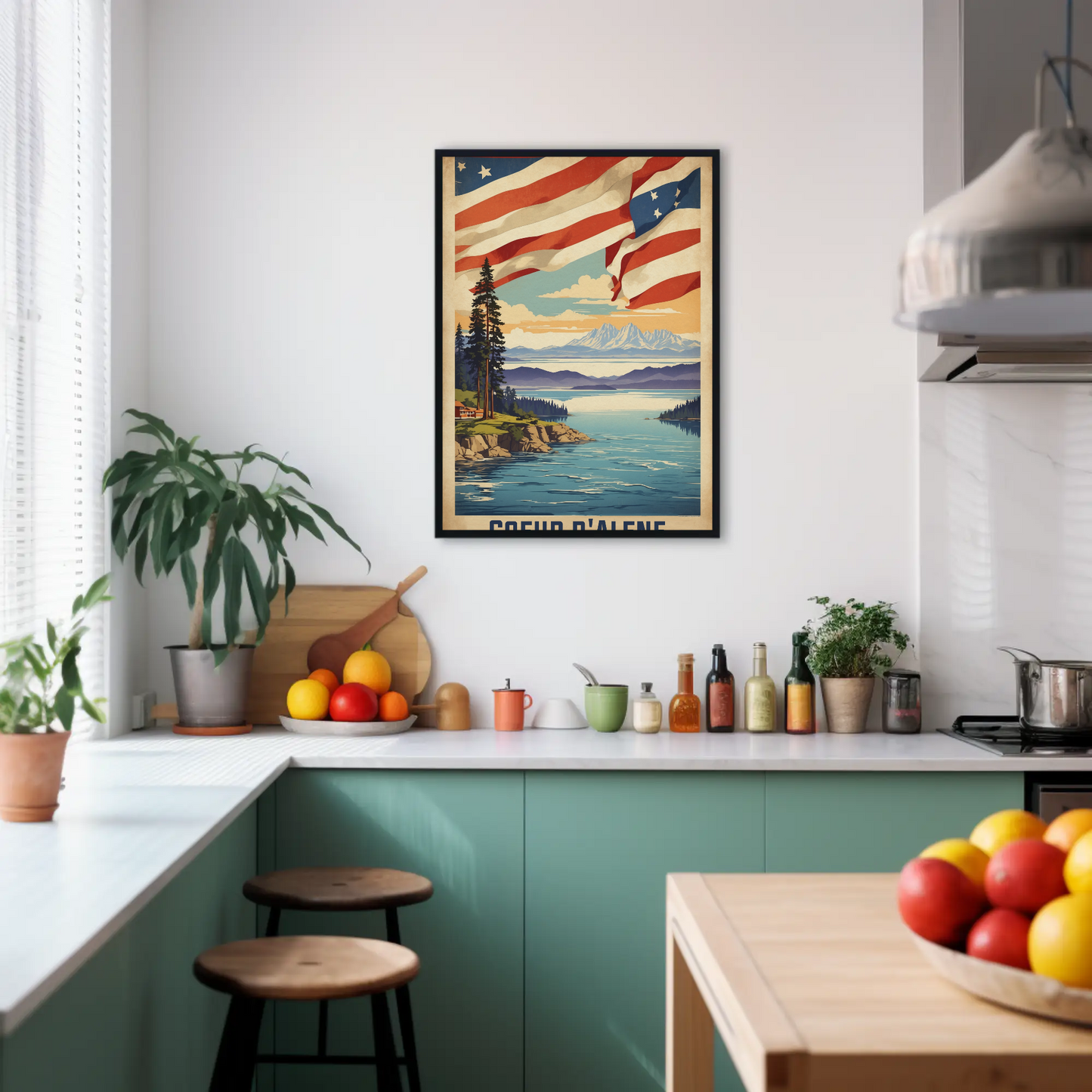 Coeur d'Alene Idaho Lake Mountains Flag Vintage Travel Poster