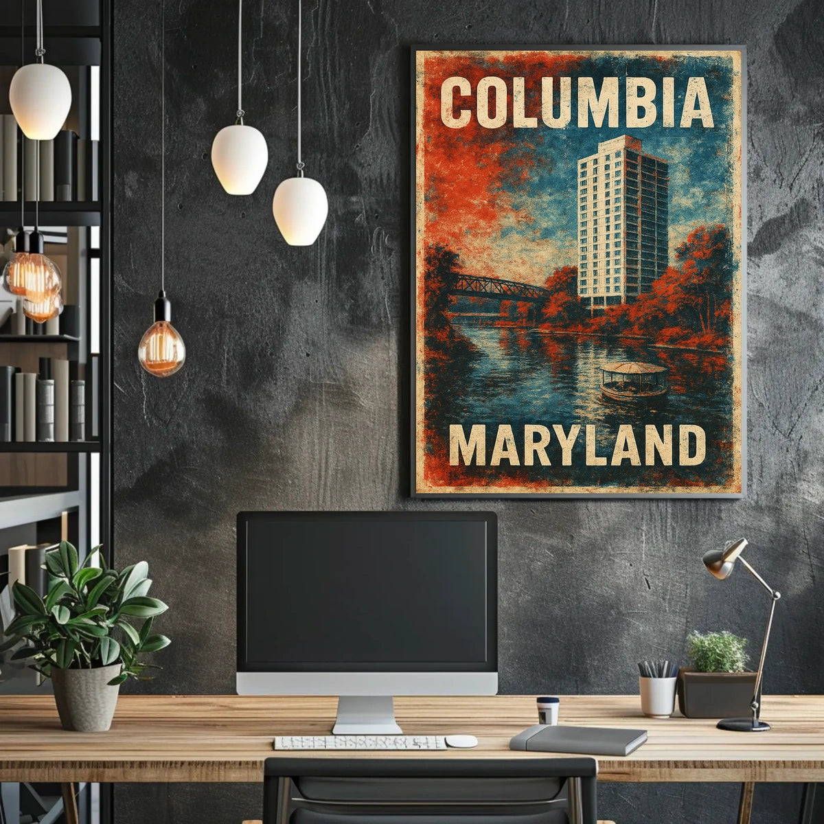 Columbia Maryland Scenic Cityscape Travel Minimalist Retro Vintage Collectors Poster