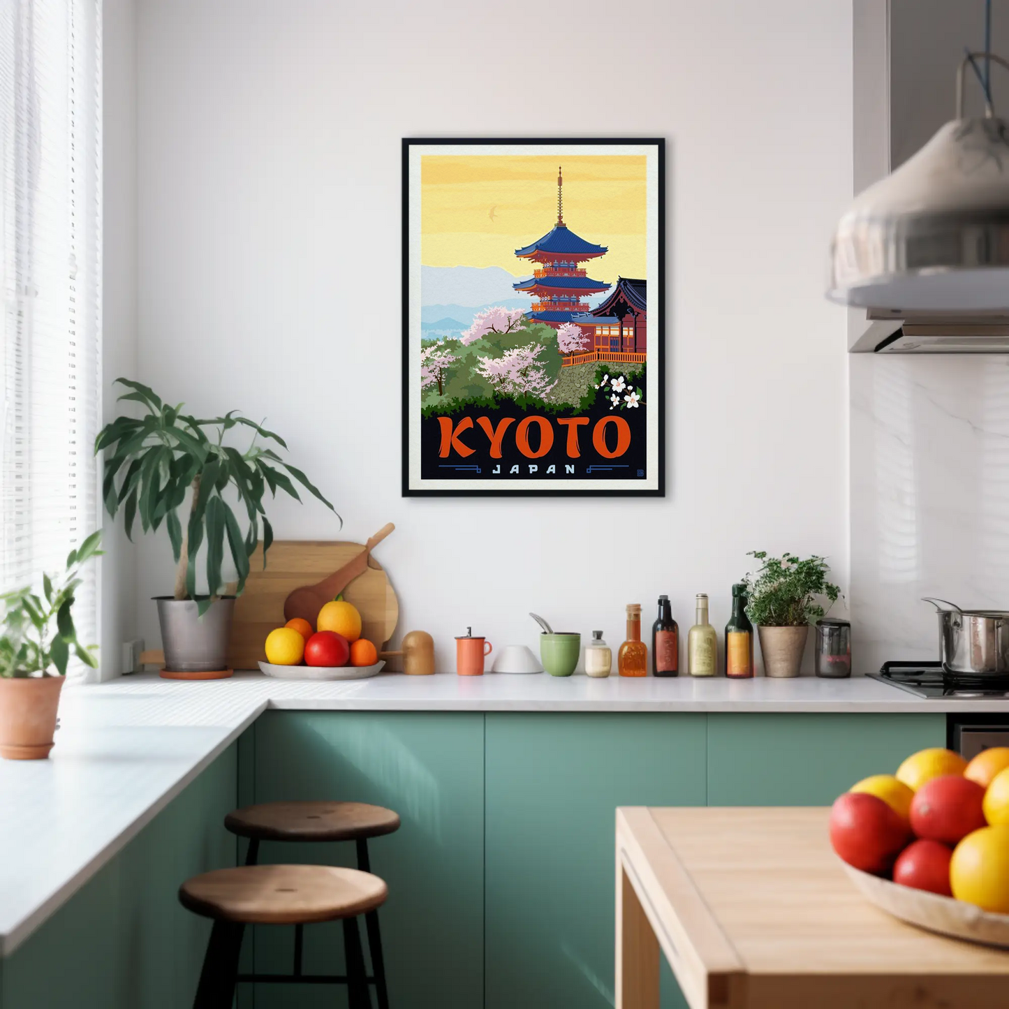 Kyoto Japan Pagoda Cherry Blossoms Temple Scene Vintage Travel Poster