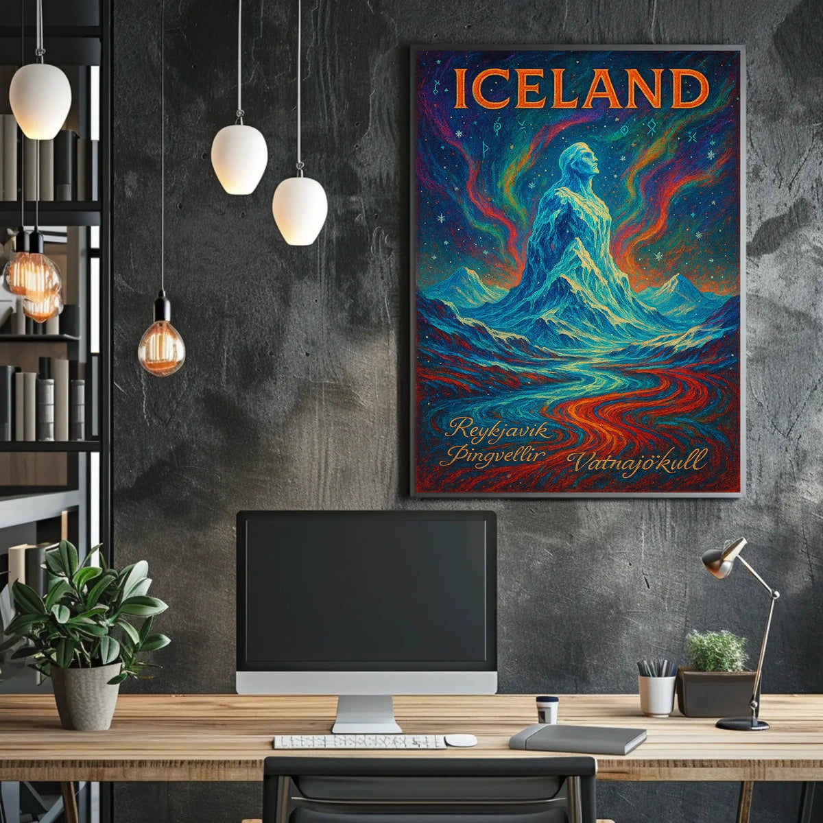 Icelandic Mythical Landscape Poster with Aurora Borealis