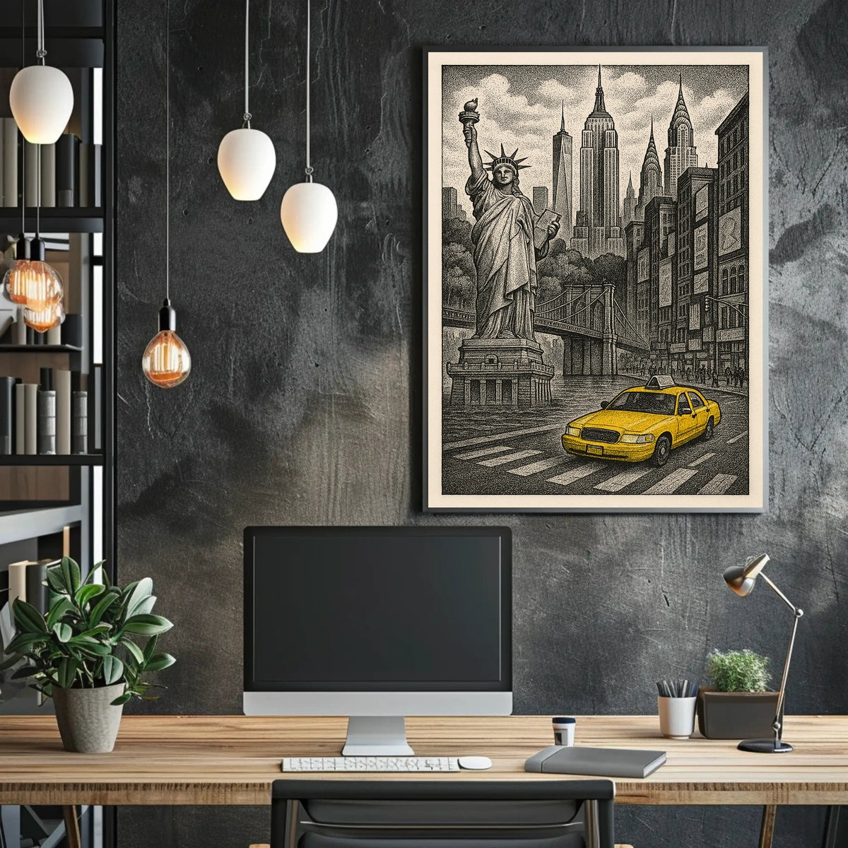 New York City Night Skyline Poster Vintage Wall Art