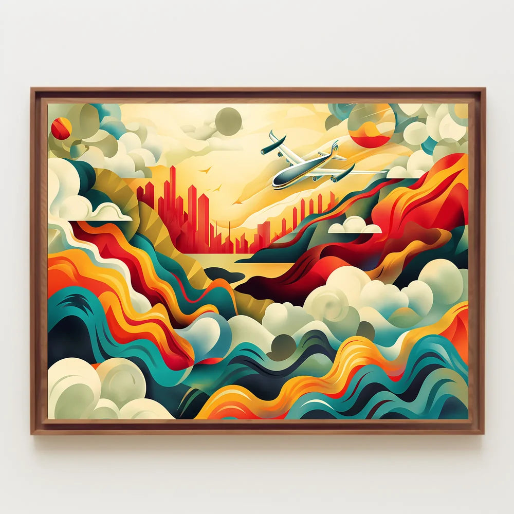 The poster features a vibrant and dynamic abstract illustration depicting an airplane soaring Travel Poster