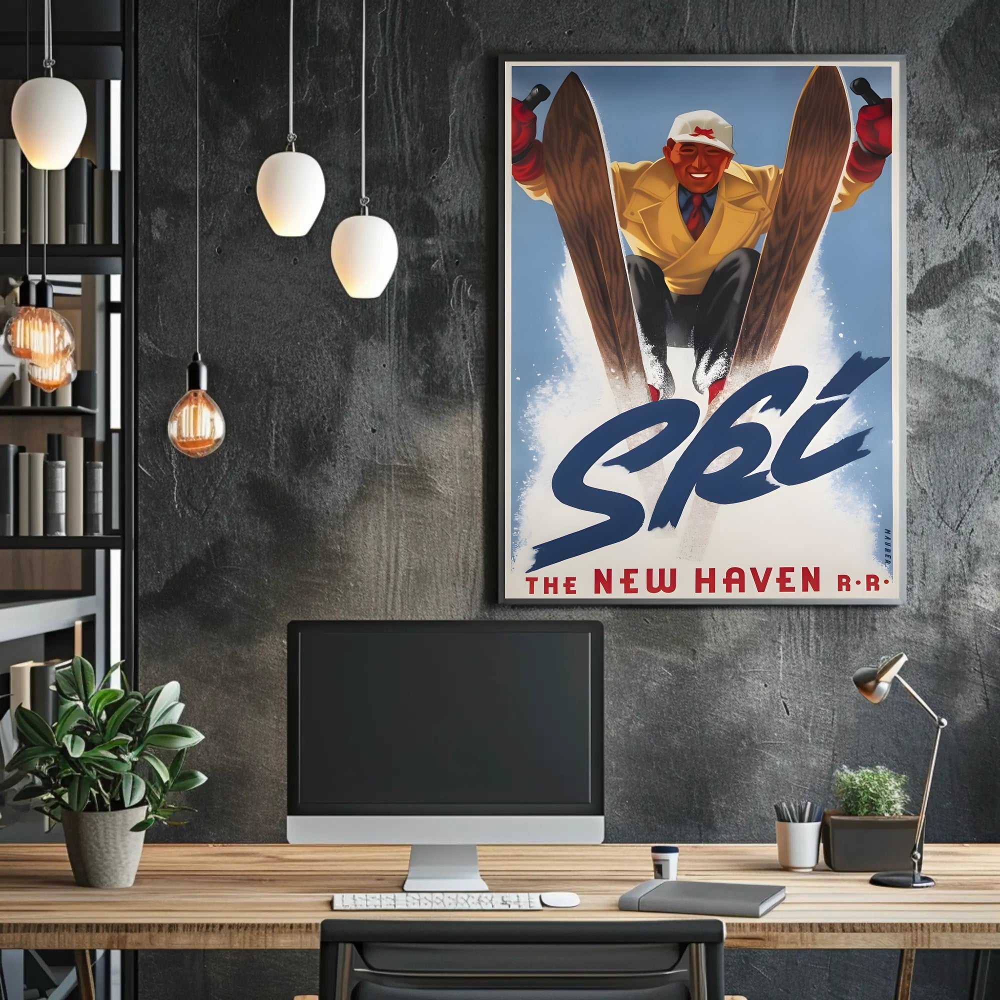 Vintage Ski Adventure: Energetic New Haven Railroad Sports Poster PosterGoat