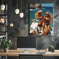 Beach Glamour: Vibrant Dolls on Scooter Travel Poster PosterGoat
